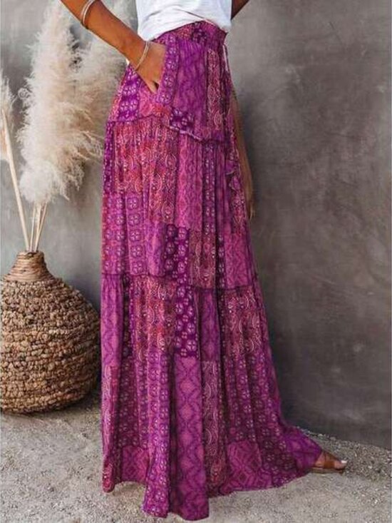 Women's Boho Maxi Skirts Vintage Floral Elastic High Waist A-Line Flowy Skirts T - Picture 4 of 6